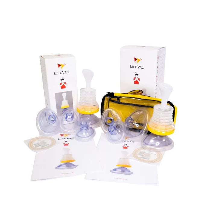 LIFEVAC breast pump kit with multiple clear silicone cups, yellow and white flanges, a yellow carrying case, two white pump bottles, and two product boxes on a white background.