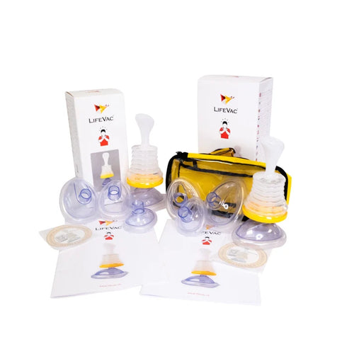 LIFEVAC breast pump kit with multiple clear silicone cups, yellow and white flanges, a yellow carrying case, two white pump bottles, and two product boxes on a white background.
